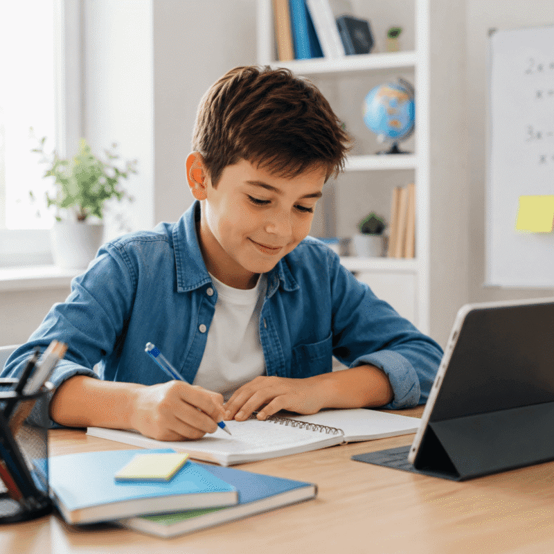 Élève concentré réalisant un exercice de mathématiques avec un stylo et une tablette numérique.